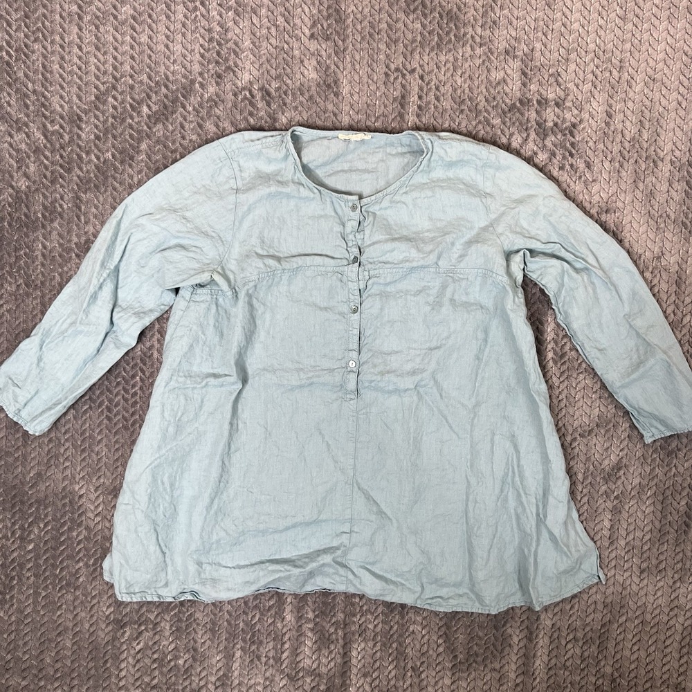 Eileen Fisher Pintuck Linen Button Up Tunic Blouse Small Teal Aqua Blue